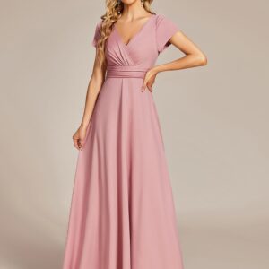 Ever-Pretty Women's Formal Dress Ruched Waist V Neck A Line Bridesmiad Dress with Sleeves Dusty Rose US8