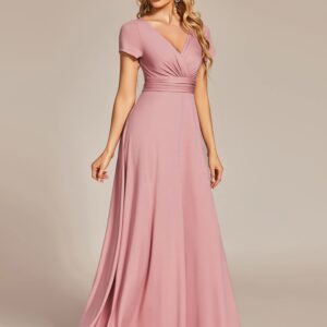 Ever-Pretty Women's Formal Dress Ruched Waist V Neck A Line Bridesmiad Dress with Sleeves Dusty Rose US8