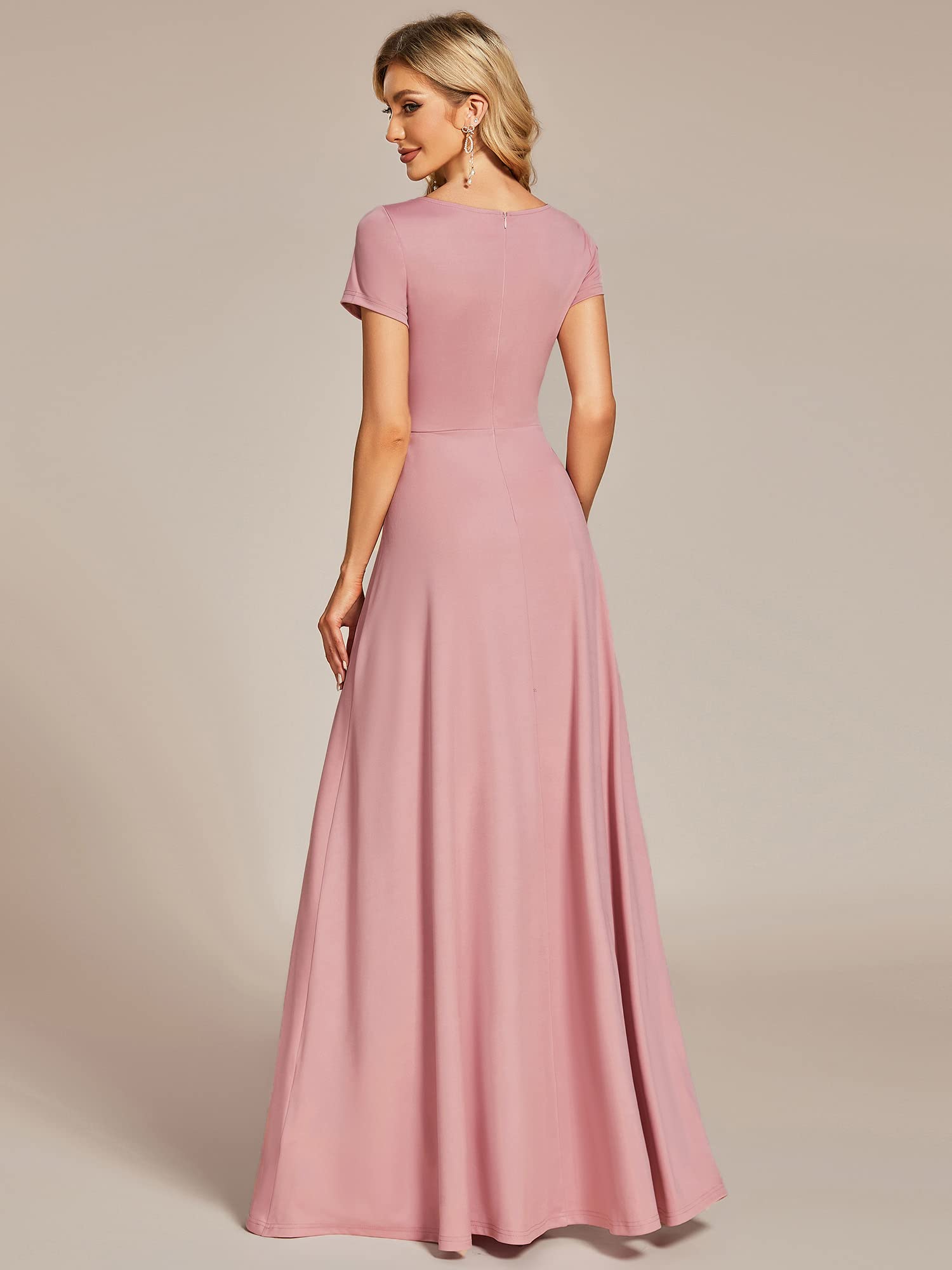 Ever-Pretty Women's Formal Dress Ruched Waist V Neck A Line Bridesmiad Dress with Sleeves Dusty Rose US8