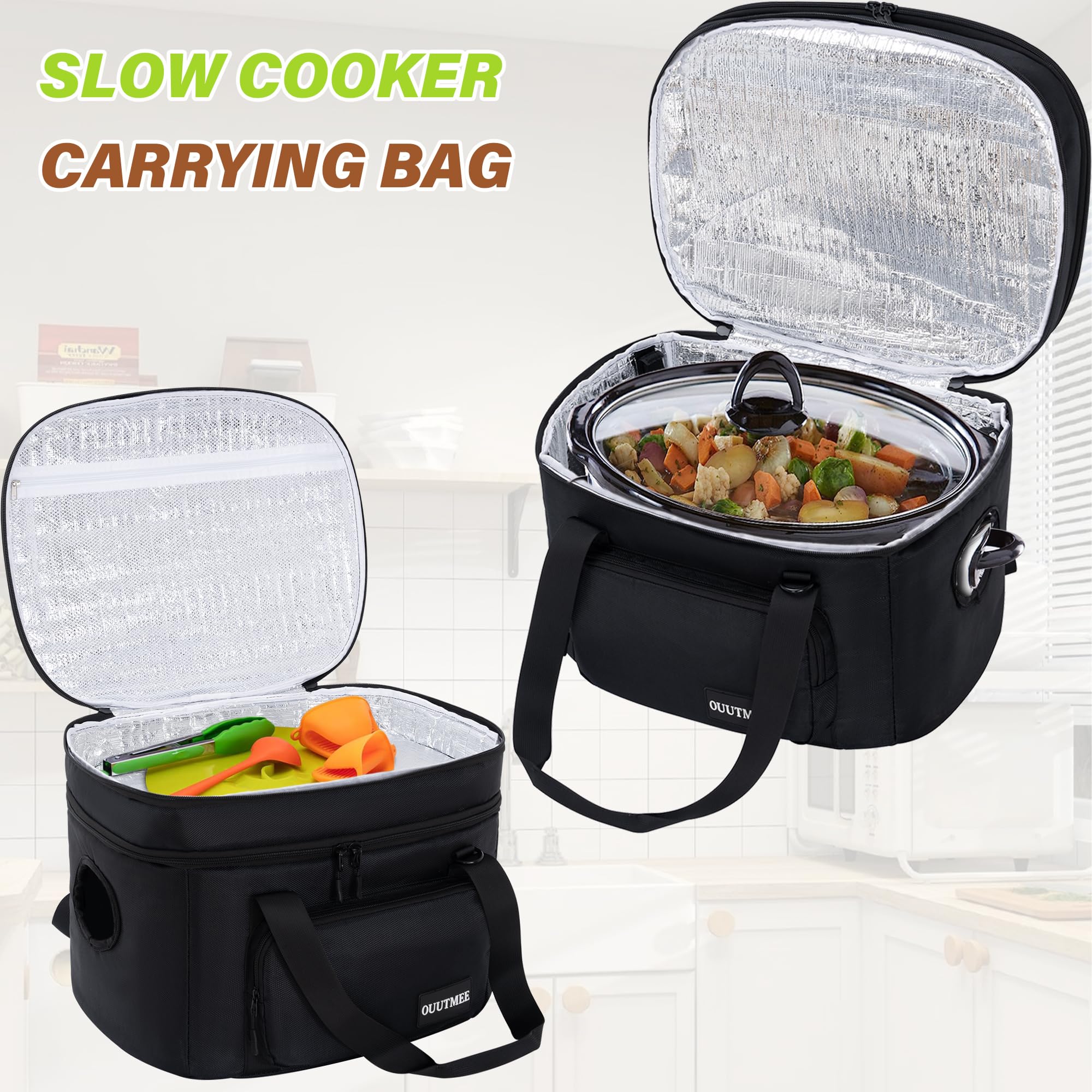 OUUTMEE Slow Cooker Travel Bag, 2 Layers Slow Cooker Carrier, Compatible with 6, 7, 8 Quart Crock-Pot, Insulated Travel Carrier with Easy to Clean Lining