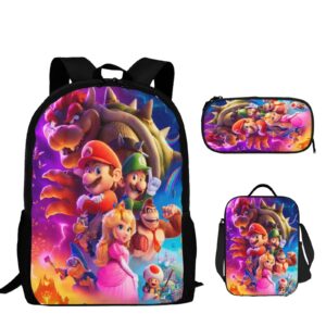 super cute bros backpacks set 3d casual light weight backpack bookbag 3 pice with lunch box lunch bag and pencil case pencil bag for girls boys teens