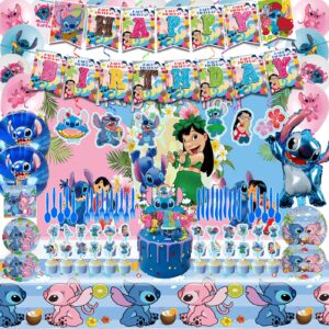 stitch birthday party supplies, stitch themed party decorations include happy birthday banner, backdrop, tableware set, tablecloth, hanging swirls, cake toppers, cupcake toppers, latex balloons