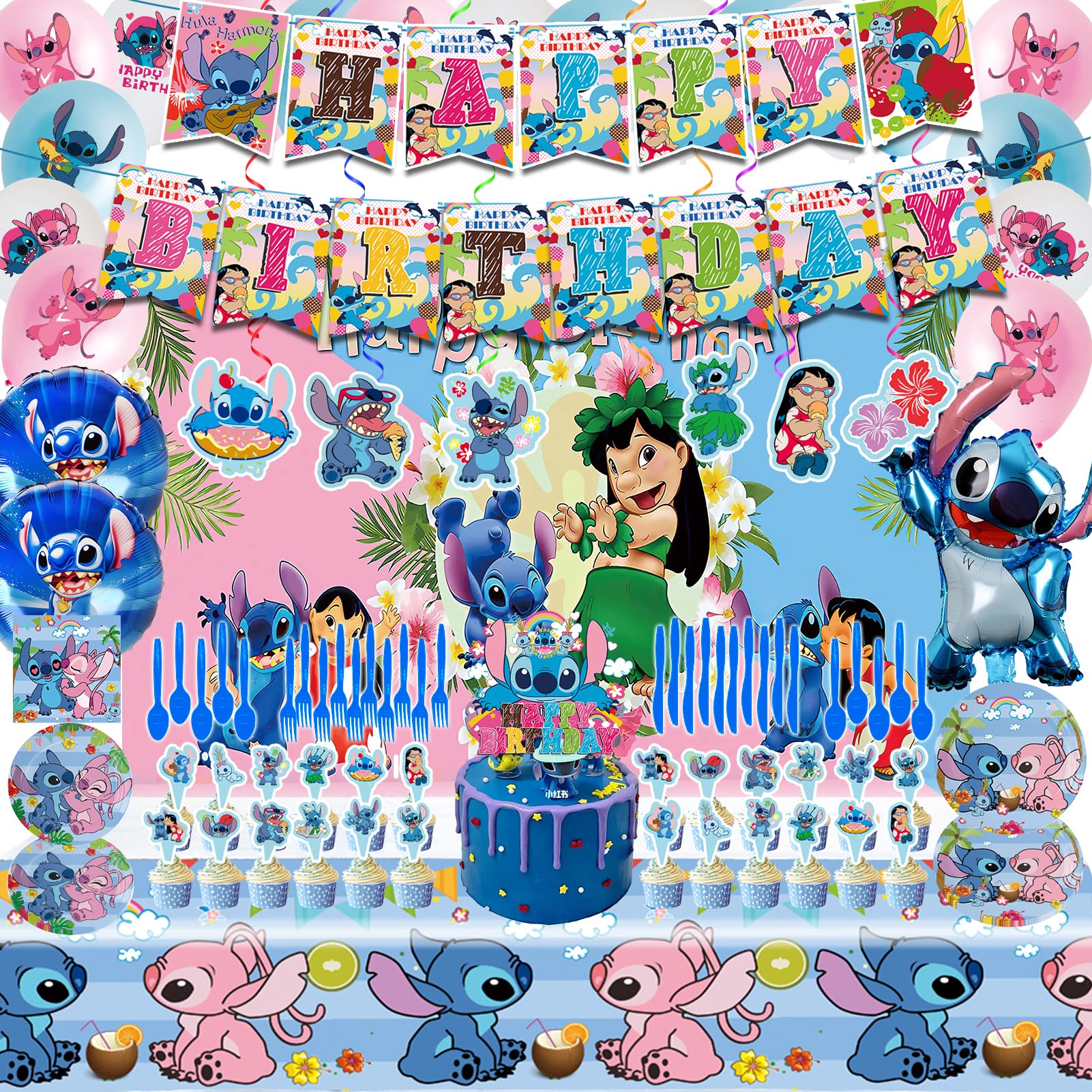 Stitch Birthday Party Supplies, Stitch themed Party Decorations Include Happy Birthday Banner, Backdrop, Tableware Set, Tablecloth, Hanging Swirls, Cake Toppers, Cupcake Toppers, Latex Balloons