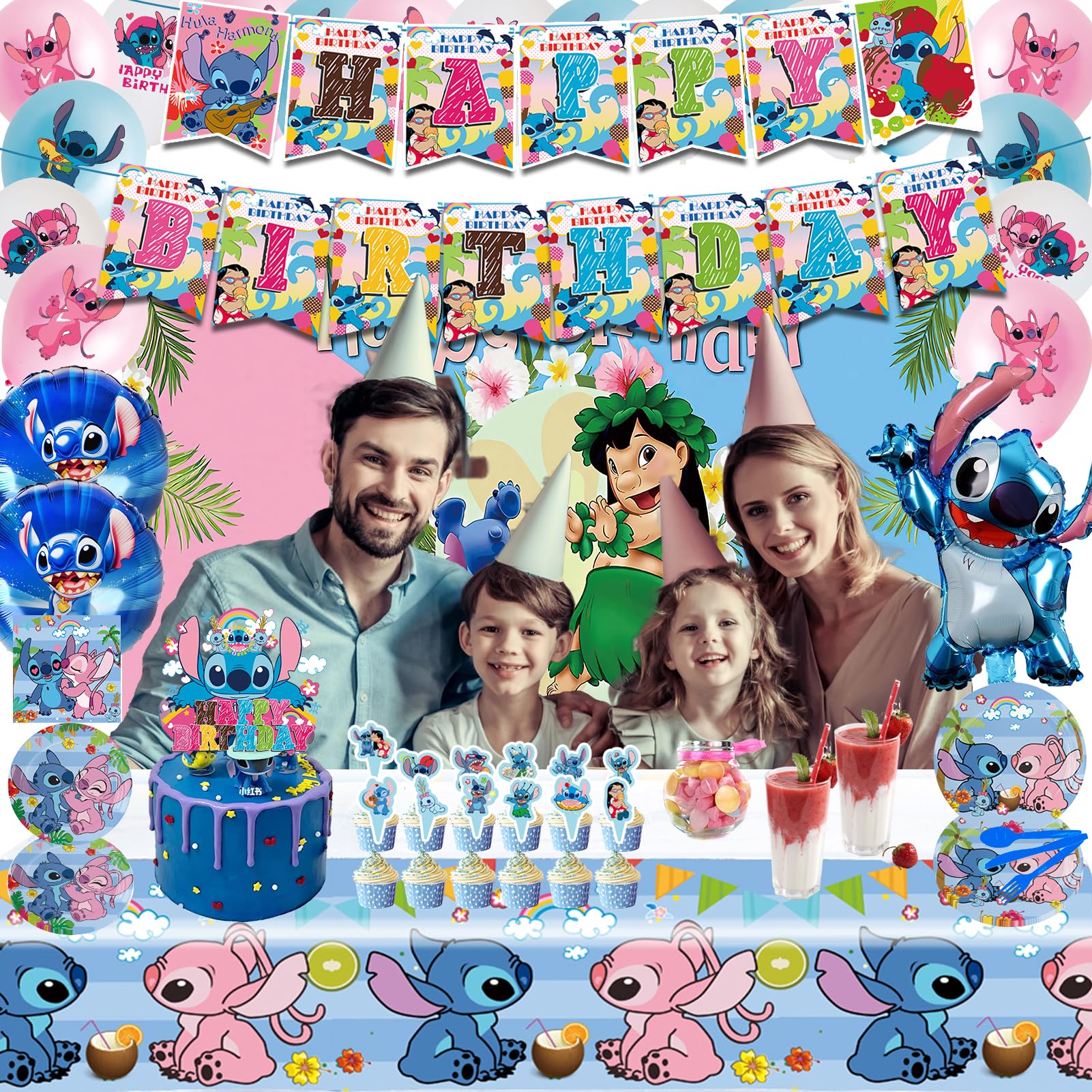 Stitch Birthday Party Supplies, Stitch themed Party Decorations Include Happy Birthday Banner, Backdrop, Tableware Set, Tablecloth, Hanging Swirls, Cake Toppers, Cupcake Toppers, Latex Balloons