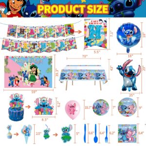 Stitch Birthday Party Supplies, Stitch themed Party Decorations Include Happy Birthday Banner, Backdrop, Tableware Set, Tablecloth, Hanging Swirls, Cake Toppers, Cupcake Toppers, Latex Balloons