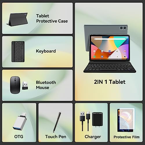 Tablet Android 2024 10 Inch Tablet, 2-In-1 Octa-Core Tablet with 128GB + 1TB Expansion, 13+8MP Dual Camera, 5G WIFI, HD Touch Screen, Tablet with Keyboard, Mouse, Bluetooth, GPS, Foldable Case