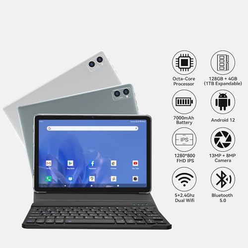 Tablet Android 2024 10 Inch Tablet, 2-In-1 Octa-Core Tablet with 128GB + 1TB Expansion, 13+8MP Dual Camera, 5G WIFI, HD Touch Screen, Tablet with Keyboard, Mouse, Bluetooth, GPS, Foldable Case