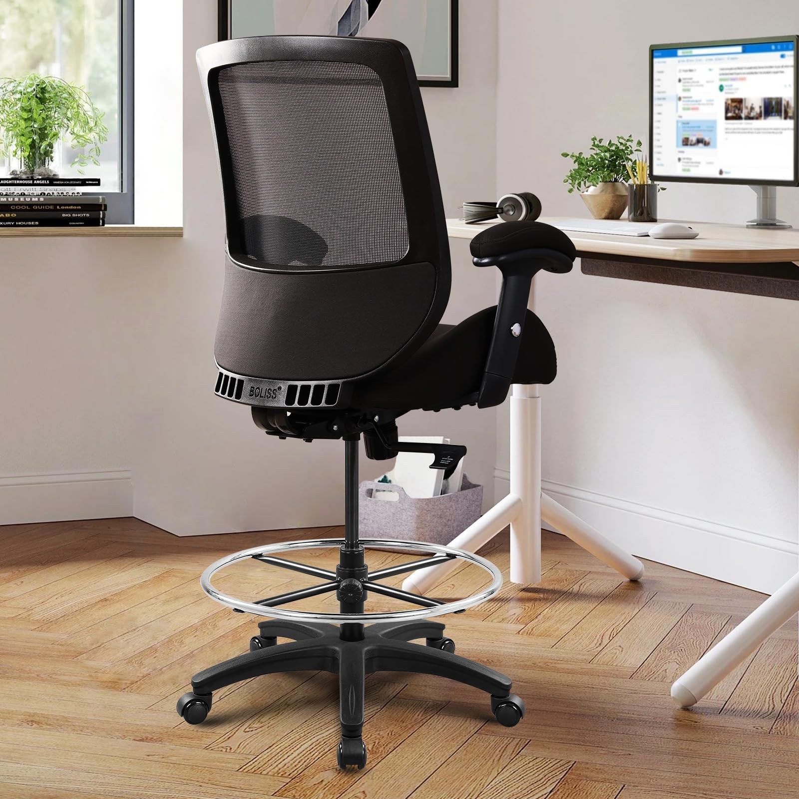 BOLISS Big and Tall 400lbs Mesh Ergonomic Drafting Chair,Tall Office Chair, Standing Desk Chair,Height Adjustable Armrest,Lumbar Support,Foot Ring,Swivel Computer Task Chair-Black