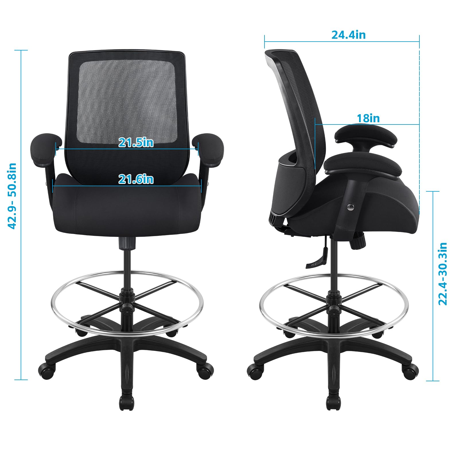 BOLISS Big and Tall 400lbs Mesh Ergonomic Drafting Chair,Tall Office Chair, Standing Desk Chair,Height Adjustable Armrest,Lumbar Support,Foot Ring,Swivel Computer Task Chair-Black