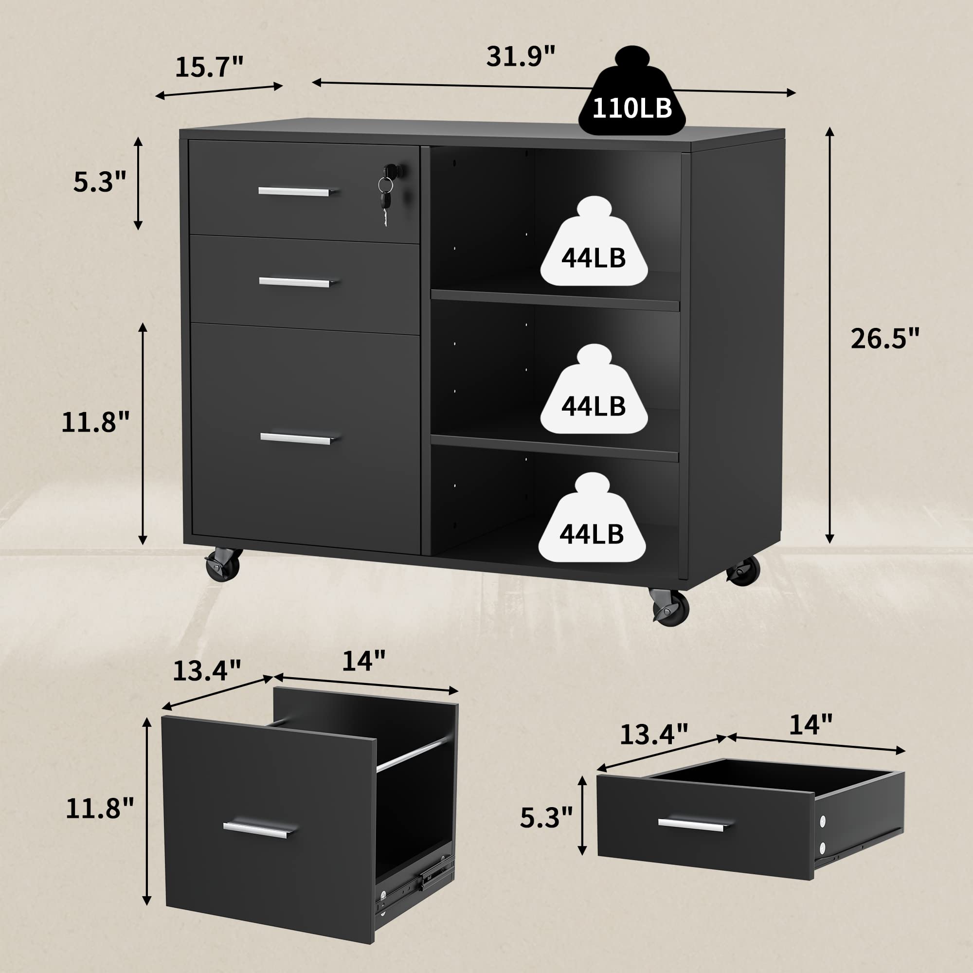 Furniwell Mobile Wood File Cabinet with Lock, 3 Drawer Office Lateral Filing Cabinet Printer Stand with 3 Open Adjustable Storage Shelves for Home Office (Black)