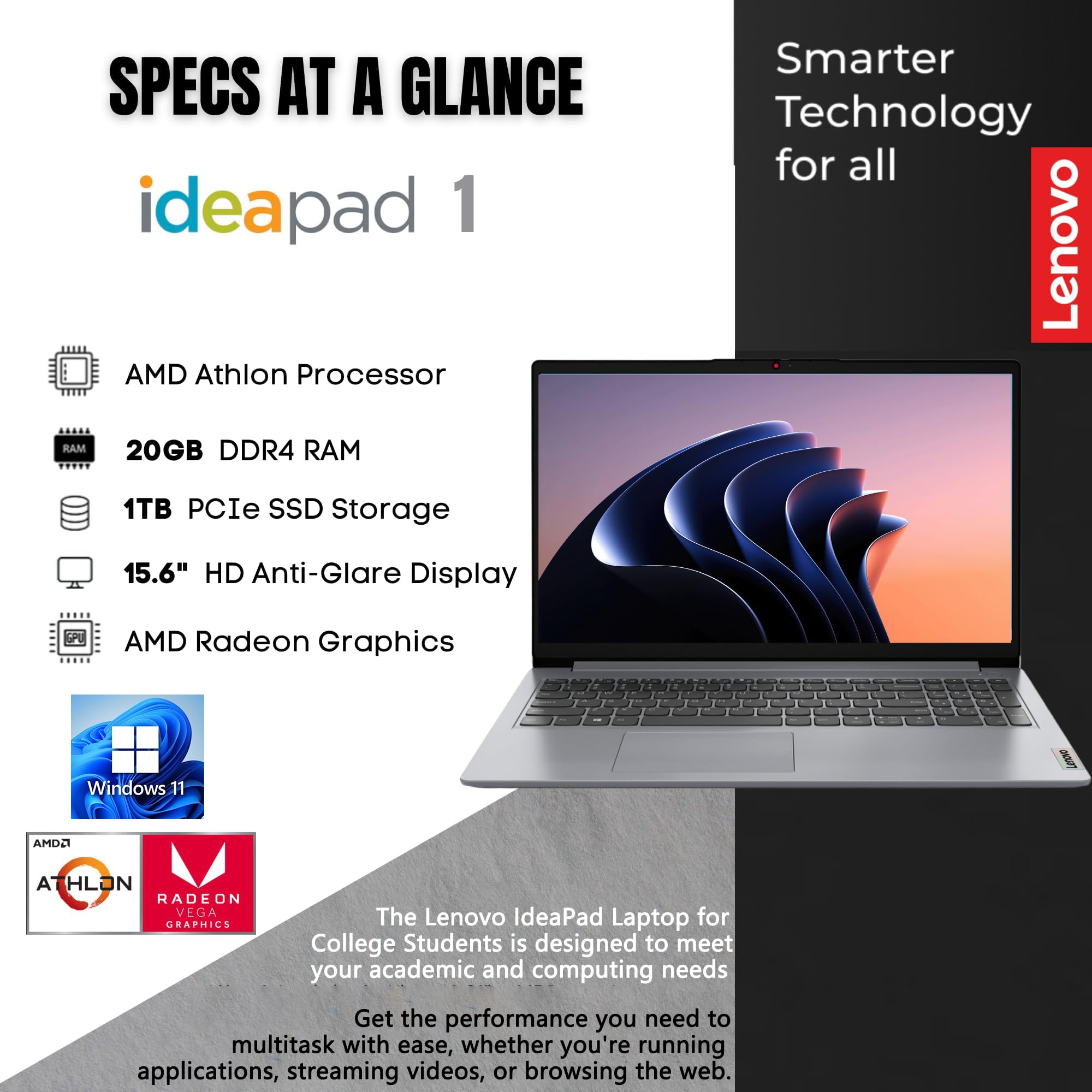 Lenovo IdeaPad Laptop, 15.6" HD Display, AMD Athlon Silver 3050U Processor, Windows 11 Home, 20GB RAM, 1TB SSD, 128GB eMMC, Webcam, HDMI, WiFi 6, USB Type-C, Long Battery Life, PCM