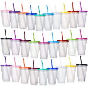 hsei clear plastic tumbler with straw and lid bulk water bottle iced coffee travel mug cup with lid and straw reusable plastic cups for kids christmas water smoothie party birthday (28 pack,16 oz)
