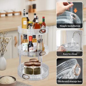 YSQCSJ 360° Rotating Multifunctional Shelf Kitchen Spice Organiser Large Capacity Cosmetic Organiser Transparent Storage Display Box, Fruit Tray, 3 Tiers Removable