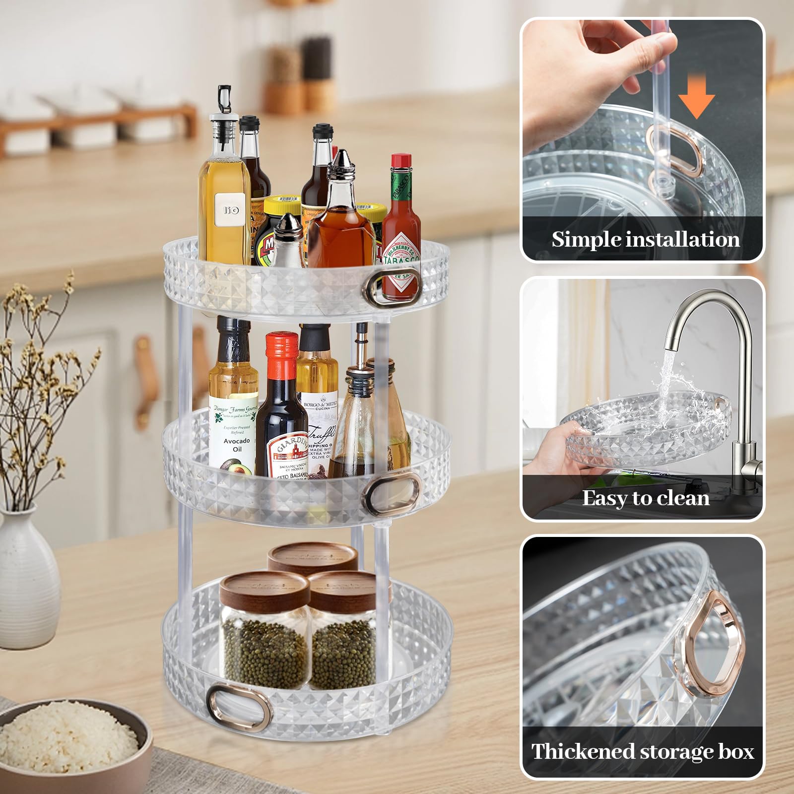 YSQCSJ 360° Rotating Multifunctional Shelf Kitchen Spice Organiser Large Capacity Cosmetic Organiser Transparent Storage Display Box, Fruit Tray, 3 Tiers Removable