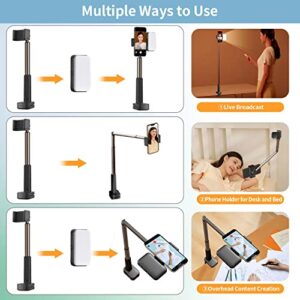 yAyusi Overhead Phone Mount for Recording,Phone Stand for Recording Overhead,Articulating Arm Cell Phone Holder with LED Ring Light, Desk/Bedside Tripod for YouTube Live Stream Cooking Video Recording