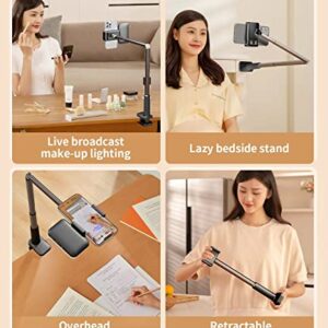 yAyusi Overhead Phone Mount for Recording,Phone Stand for Recording Overhead,Articulating Arm Cell Phone Holder with LED Ring Light, Desk/Bedside Tripod for YouTube Live Stream Cooking Video Recording