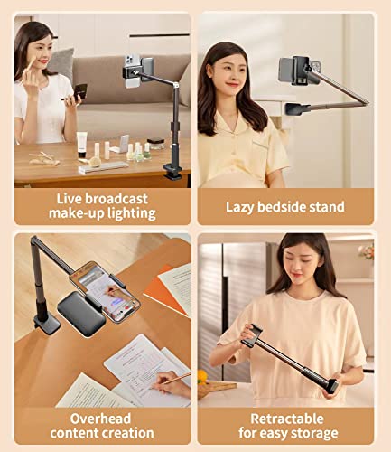 yAyusi Overhead Phone Mount for Recording,Phone Stand for Recording Overhead,Articulating Arm Cell Phone Holder with LED Ring Light, Desk/Bedside Tripod for YouTube Live Stream Cooking Video Recording