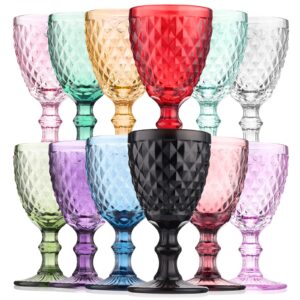 meekoo 12 pack multi colored glass goblets vintage wine glass 8 oz embossed drinking glasses with stem stemmed glassware for wedding banquet feast party, 12 colors