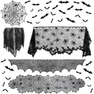 5 pack halloween decorations set black lace tablecloth round cobweb table cover fireplace scarf runner lampshade with 36pcs 3d bats for halloween decor indoor party supplies (halloween, one size)