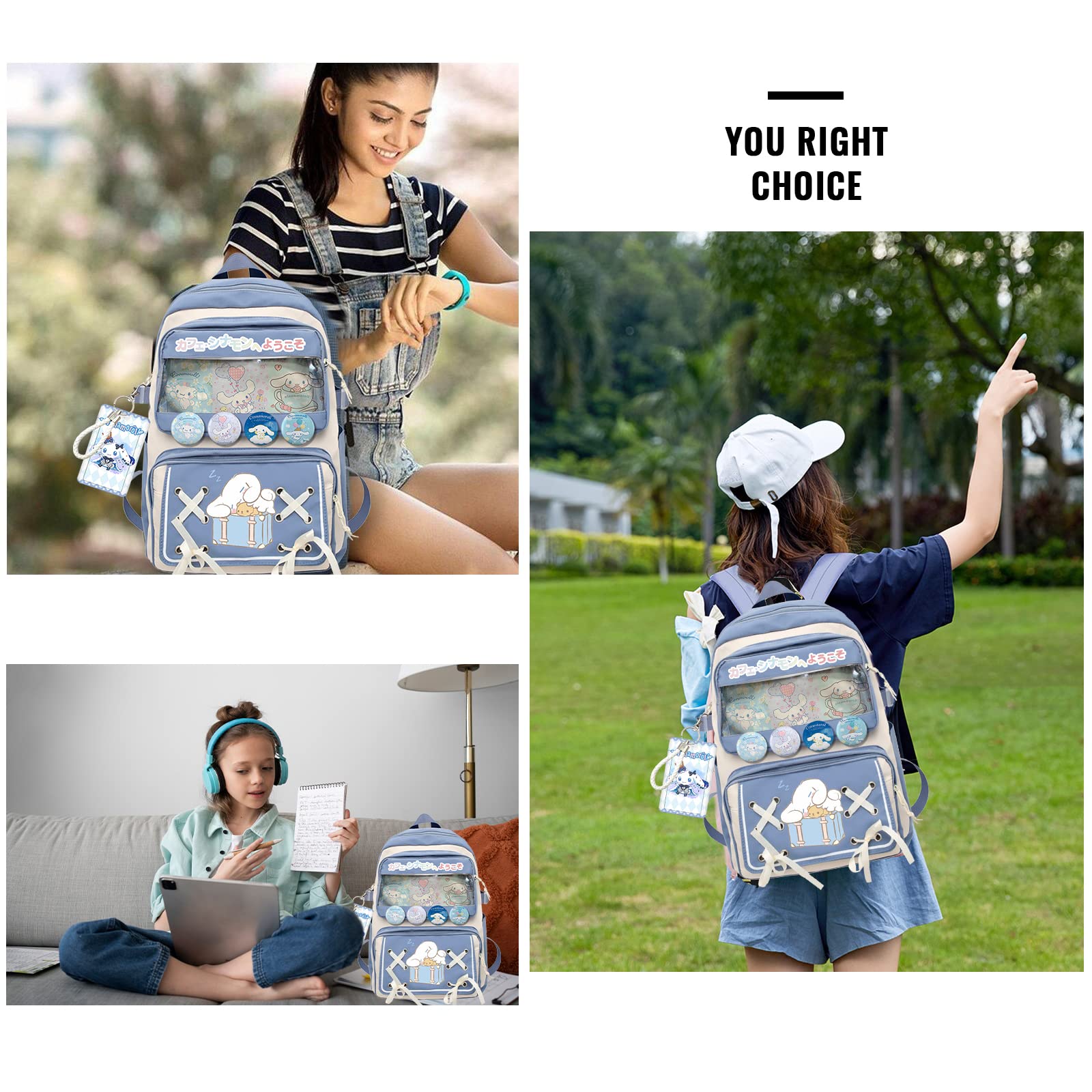 coxqermo Cartoon Teenage Girls Backpack with Cute Pins Accessories, Ita Bag Middle School Backpack Students Bookbag 21L Casual Daypack