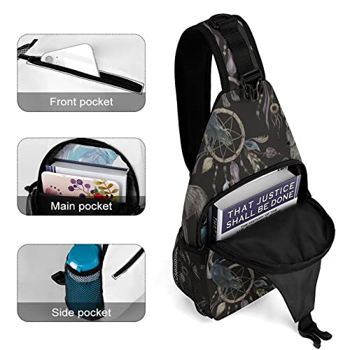 NAWFIVE Sling Bag Watercolor Raven Wolf Crossbody Backpack with Anti Theft Boho Style Adjustable Shoulder Bag for Travel,Hiking,Cycling,Camping