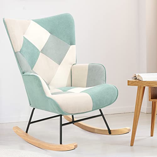 Unovivy Rocking Chair Nursery, Teddy Upholstered Glider Rocker with High Backrest, Stylish Accent Armchair with Padded Seat Indoor, Suitable for Living Room, Bedroom, Office, 35.4" H, Patchwork Green