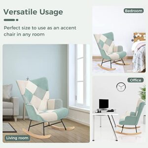 Unovivy Rocking Chair Nursery, Teddy Upholstered Glider Rocker with High Backrest, Stylish Accent Armchair with Padded Seat Indoor, Suitable for Living Room, Bedroom, Office, 35.4" H, Patchwork Green