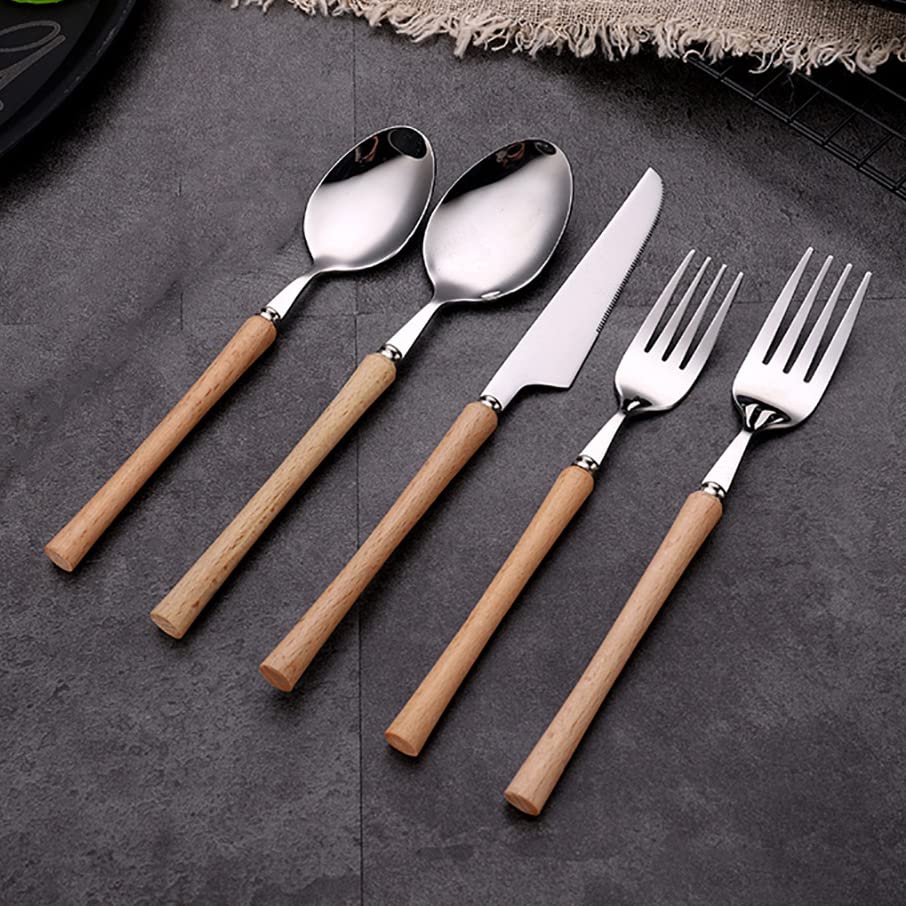 Wood Silverware Set for 8 Modern Cutlery Utensils Stainless Steel Flatware Set 40 Piece Knives Forks Spoons Tableware for Home Kitchen Restaurant Wooden Handle Dinnerware Sets