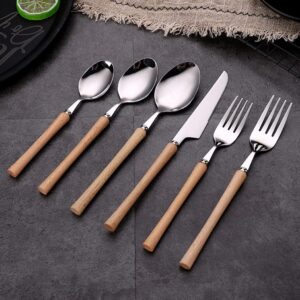 Wood Silverware Set for 8 Modern Cutlery Utensils Stainless Steel Flatware Set 40 Piece Knives Forks Spoons Tableware for Home Kitchen Restaurant Wooden Handle Dinnerware Sets