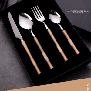 Wood Silverware Set for 8 Modern Cutlery Utensils Stainless Steel Flatware Set 40 Piece Knives Forks Spoons Tableware for Home Kitchen Restaurant Wooden Handle Dinnerware Sets