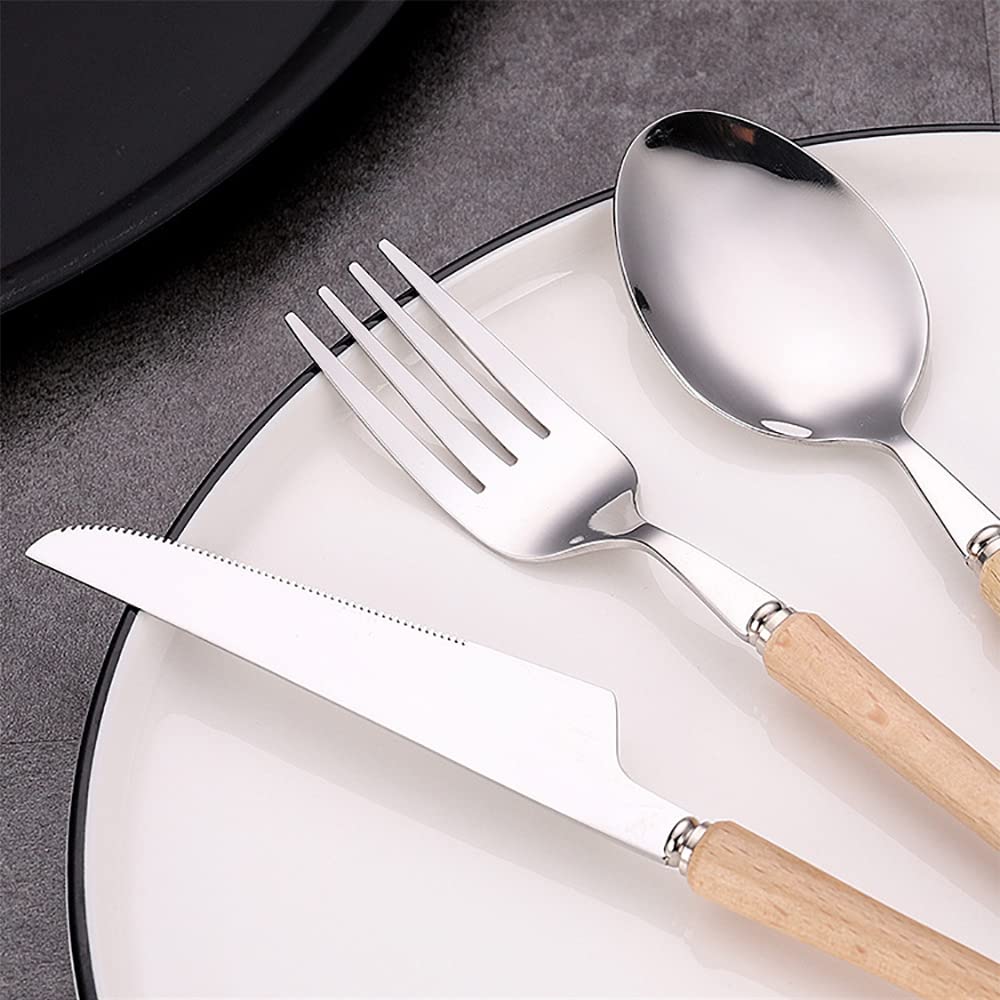 Wood Silverware Set for 8 Modern Cutlery Utensils Stainless Steel Flatware Set 40 Piece Knives Forks Spoons Tableware for Home Kitchen Restaurant Wooden Handle Dinnerware Sets