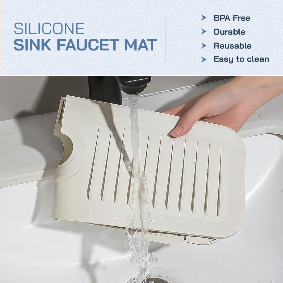 Lux Household Silicone Faucet Handle Drip Catcher Tray - Self-Draining Kitchen Sink Splash Guard with Adjustable Coil Opening - Sink Faucet Mat with Cleaning Towel (Ivory)