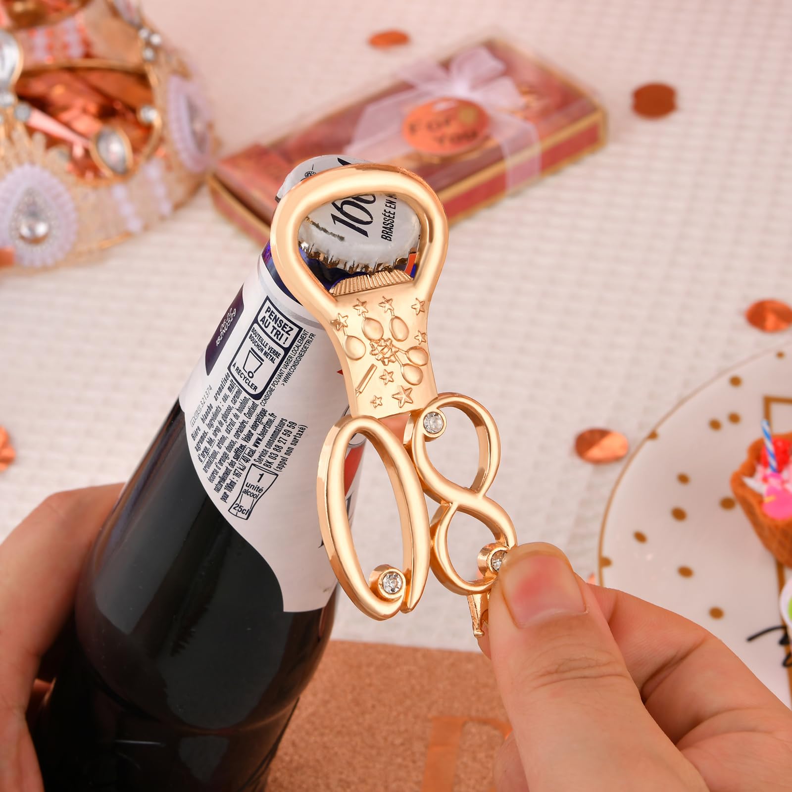 24 boxes of rose gold themed 80th birthday bottle openers favored for 80th anniversary wedding party gifts, 80th birthday party souvenirs or party decorations (80 shape)