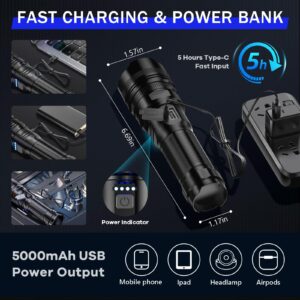 MOKURA Rechargeable Led Flashlight High Lumens with Headlamp, 90000 Lumen USB C Flashlights Emergency, Waterproof Bright Zoomable Flash Light Powerful for Home Camping Hiking Fishing