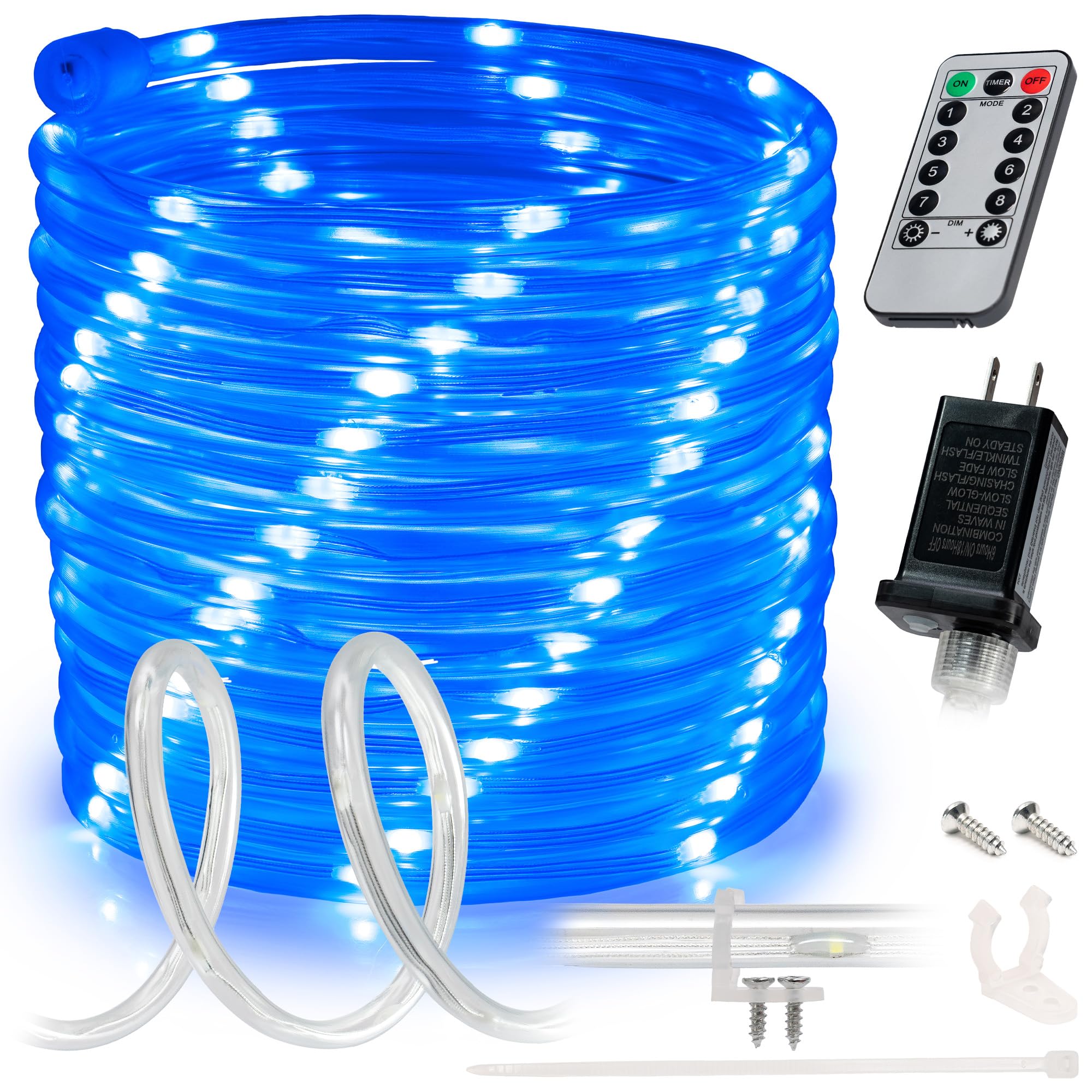 WYZworks 10ft Blue LED Outside Rope Light - 8 Modes, Waterproof Permanent Outdoor Accent Lighting w/Remote, Flexible Clear Tube, ETL Certified, Exterior Christmas Patio Palm Tree Yard Ambient