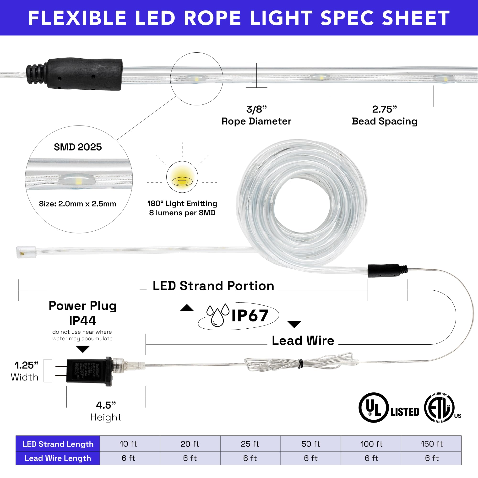 WYZworks 10ft Blue LED Outside Rope Light - 8 Modes, Waterproof Permanent Outdoor Accent Lighting w/Remote, Flexible Clear Tube, ETL Certified, Exterior Christmas Patio Palm Tree Yard Ambient