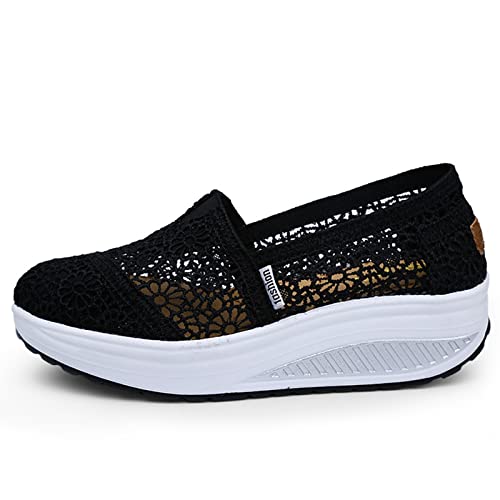 Women's Floral Embroidery Lace Mesh Air Cushion Sneakers,Comfortable Orthopedic Diabetic Walking Toning Shoes Breathable Slip On Platform Loafers Casual Fashion Rocker Shoes (Black 01,6)