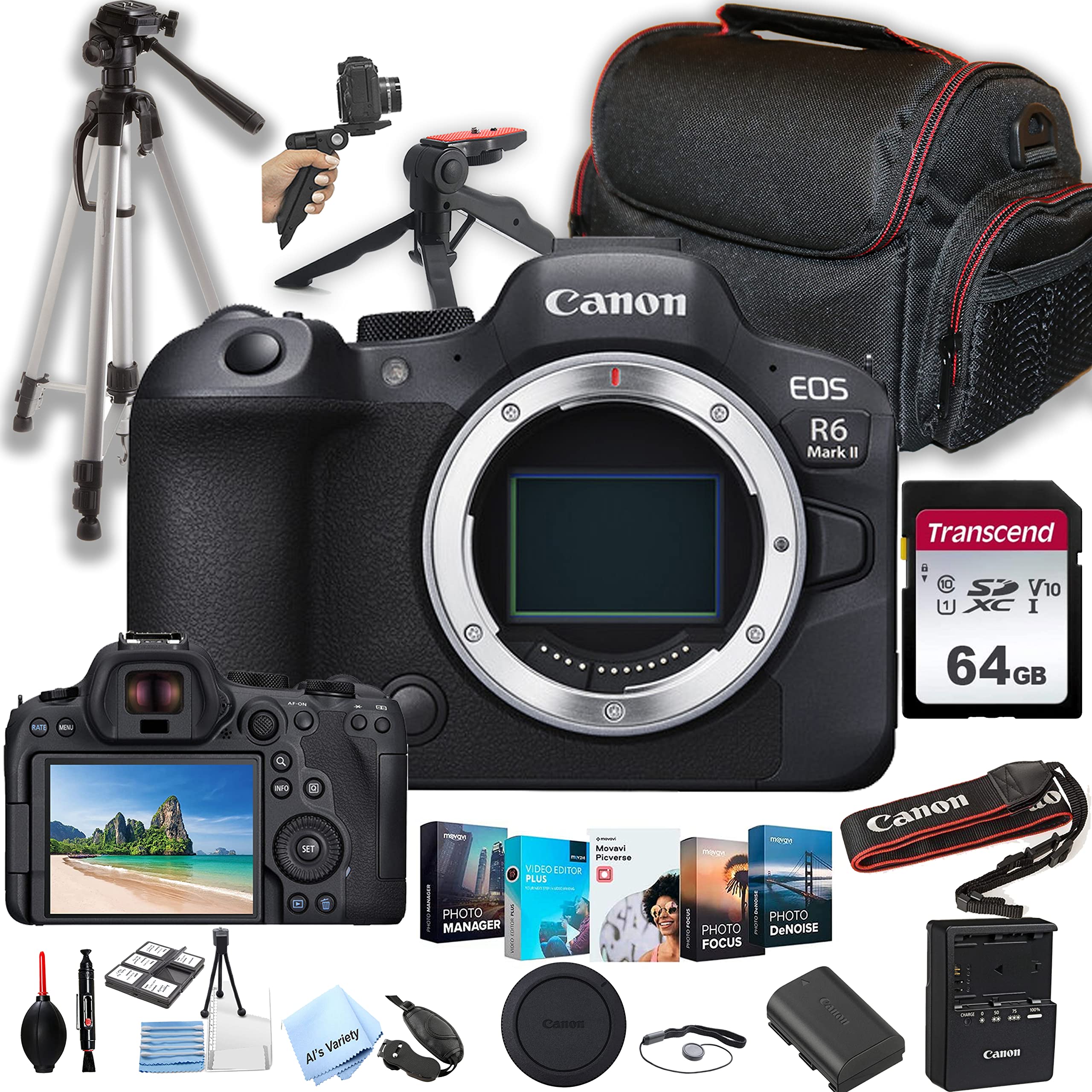 Canon EOS R6 Mark II Mirrorless Digital Camera Body Only (No Lens) + 64GB Memory + Case+ Steady Grip Pod + Tripod+ Software Pack + More (28pc Bundle)