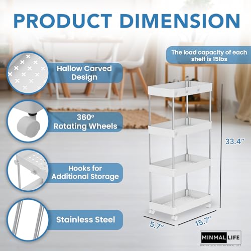 Minmallfe 4 Tier Rolling Cart with Wheels - Rolling Storage Cart as Snack Cart, Utility Cart, Bathroom Storage Shelf, Diaper Cart - Laundry Room Organization and Storage - Cart Organizer (Regular)