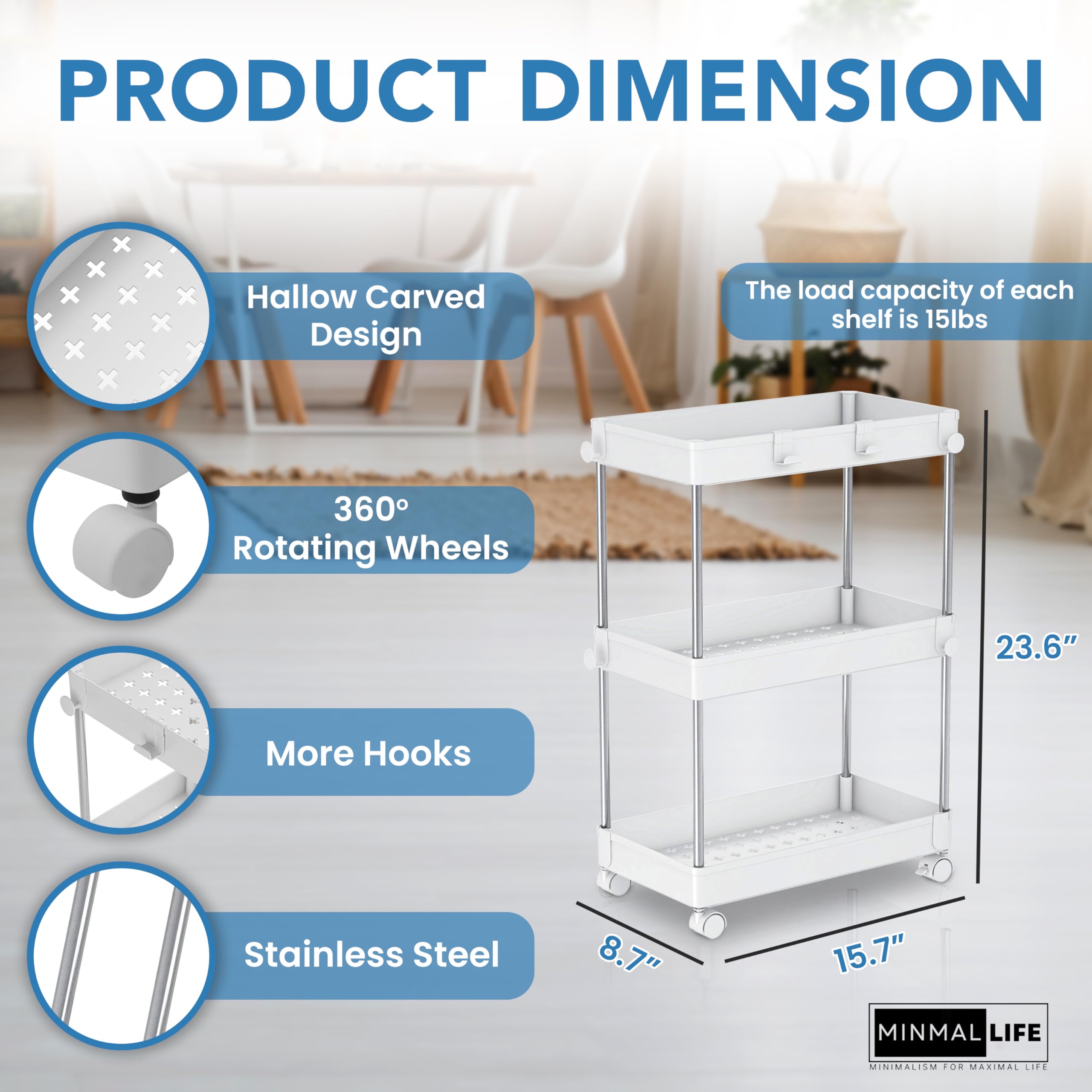 Minmallfe 3 Tier Rolling Cart with Wheels - Rolling Storage Cart as Snack Cart, Utility Cart, Bathroom Storage Shelf, Diaper Cart - Laundry Room Organization and Storage - Cart Organizer (Regular)