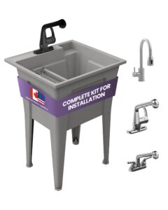 utility sink with one-handle matte black plastic faucet – polypropylene laundry sink, grey garage sink, indoor & outdoor use – complete sink set by noah william home (24” x 22” x 34” 19.5 gallons)
