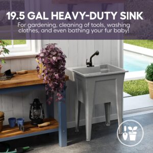 Utility Sink with One-Handle Matte Black Plastic Faucet – Polypropylene Laundry Sink, Grey Garage Sink, Indoor & Outdoor Use – Complete Sink Set by Noah William Home (24” X 22” X 34” 19.5 Gallons)