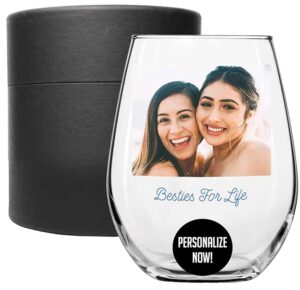 personalized 17oz printed photo picture stemless wine glass – birthday gifts for women friendship, best friend gift ideas, girls trip gift unique funny, fun gifts for friends female sister, cute cup