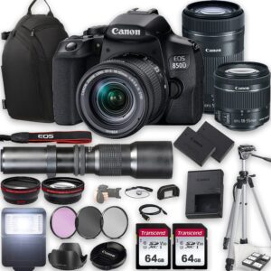 canon eos 850d (rebel t8i) dslr camera w/ef-s 18-55mm f/3.5-5.6 iii + ef-s 55-250mm f/4-5.6 is stm + 500mm f/8 focus lenses + 2x 64gb memory + case + filters + tripod + more (35pc bundle)