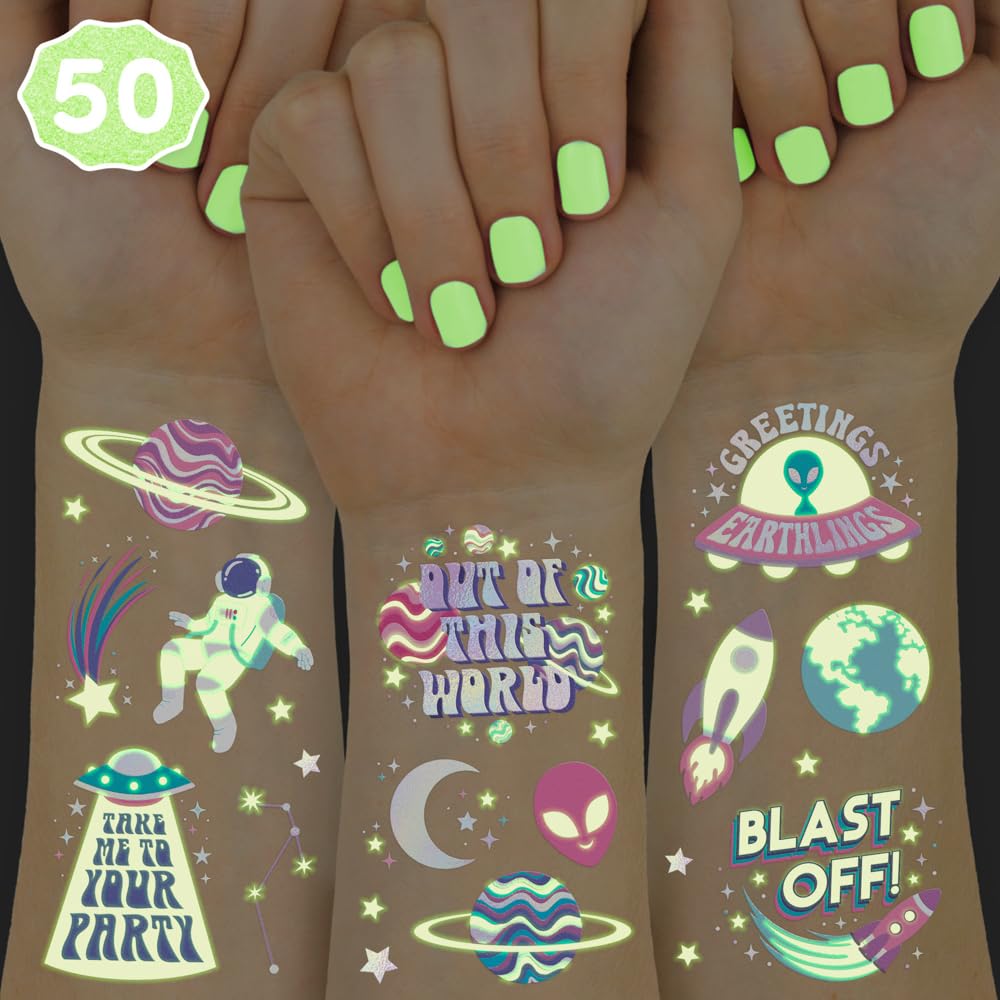 xo, Fetti Space + Planets Glow in Dark Temporary Tattoos for Kids - 50 pcs | Alien Birthday Party Supplies, Astronaut Favors + Rocket ship Decorations