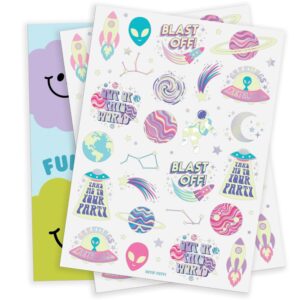 xo, Fetti Space + Planets Glow in Dark Temporary Tattoos for Kids - 50 pcs | Alien Birthday Party Supplies, Astronaut Favors + Rocket ship Decorations