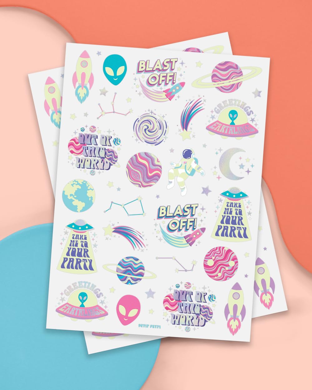 xo, Fetti Space + Planets Glow in Dark Temporary Tattoos for Kids - 50 pcs | Alien Birthday Party Supplies, Astronaut Favors + Rocket ship Decorations