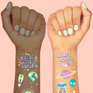 xo, Fetti Space + Planets Glow in Dark Temporary Tattoos for Kids - 50 pcs | Alien Birthday Party Supplies, Astronaut Favors + Rocket ship Decorations