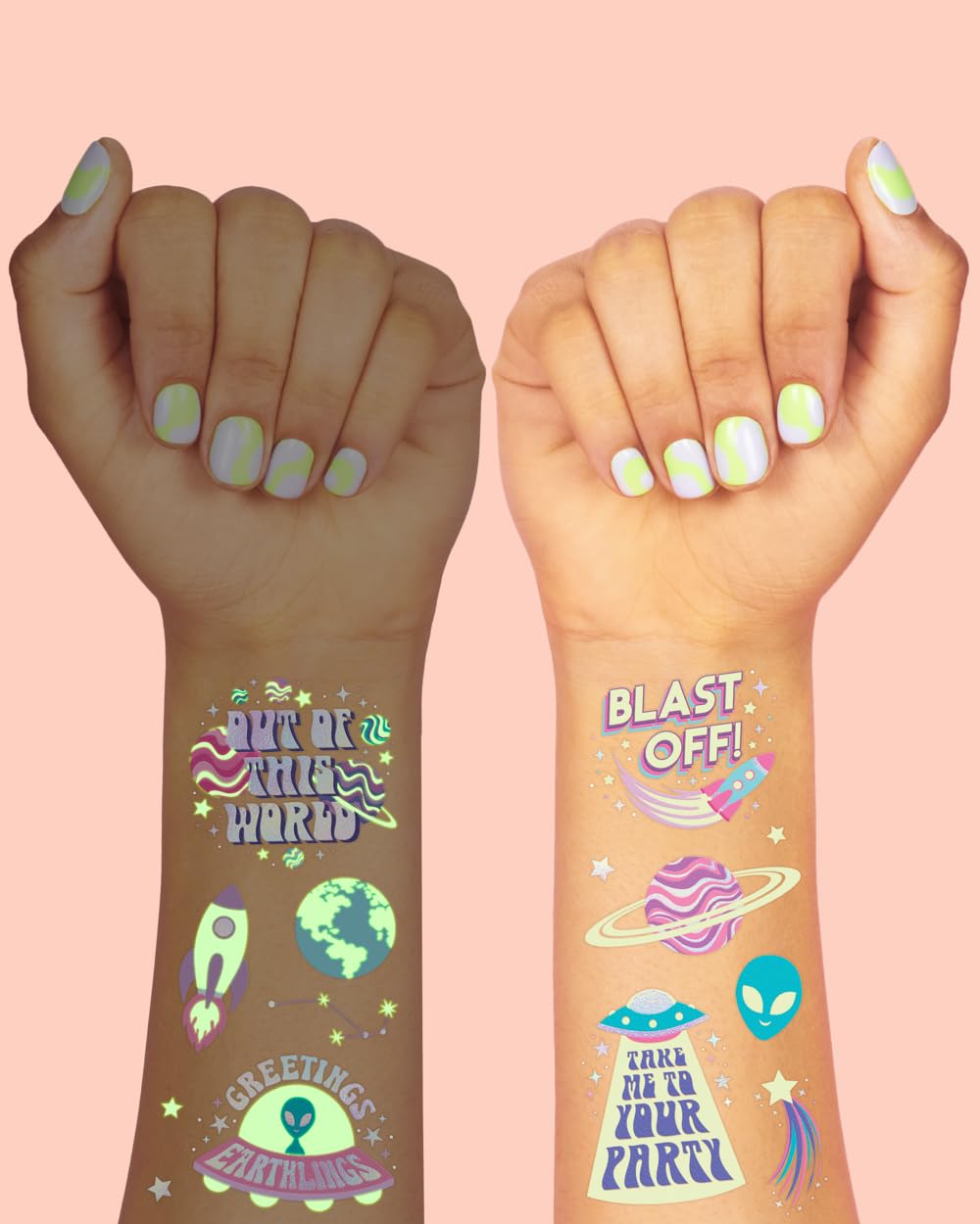 xo, Fetti Space + Planets Glow in Dark Temporary Tattoos for Kids - 50 pcs | Alien Birthday Party Supplies, Astronaut Favors + Rocket ship Decorations