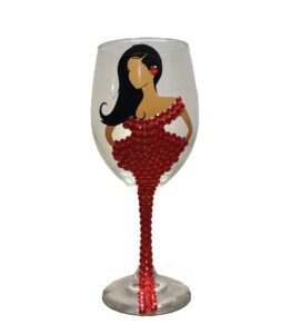 diva wine glass, long hair, large 20oz decorated wine glass, black, brown, woman drinking glass, gift favours, gift favors, grant favors, unique birthday gift, brown girl on wine glass (red)